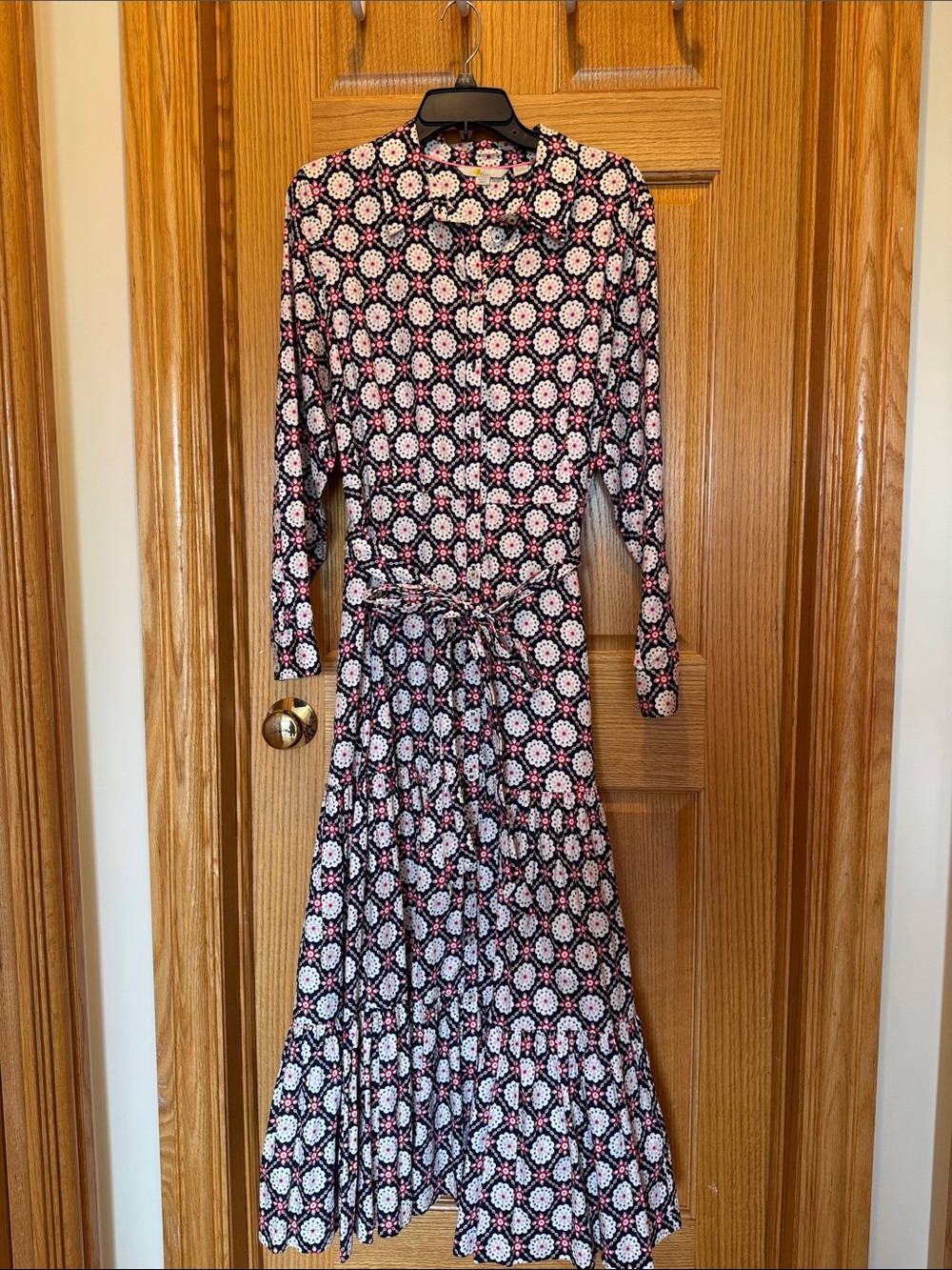 Boden Black Maxi Dress with Pink and White Medallion Print